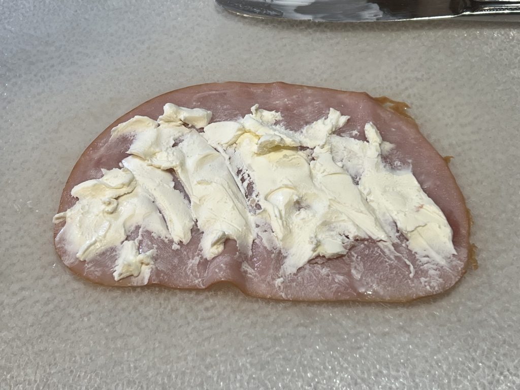 cream cheese spread on ham for Minnesota sushi recipe